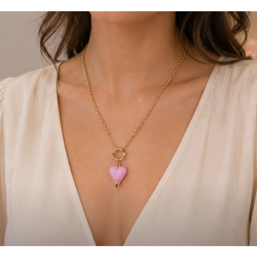 Stainless Steel Pink Enamel Dipped Heart New - Picture 2 of 3